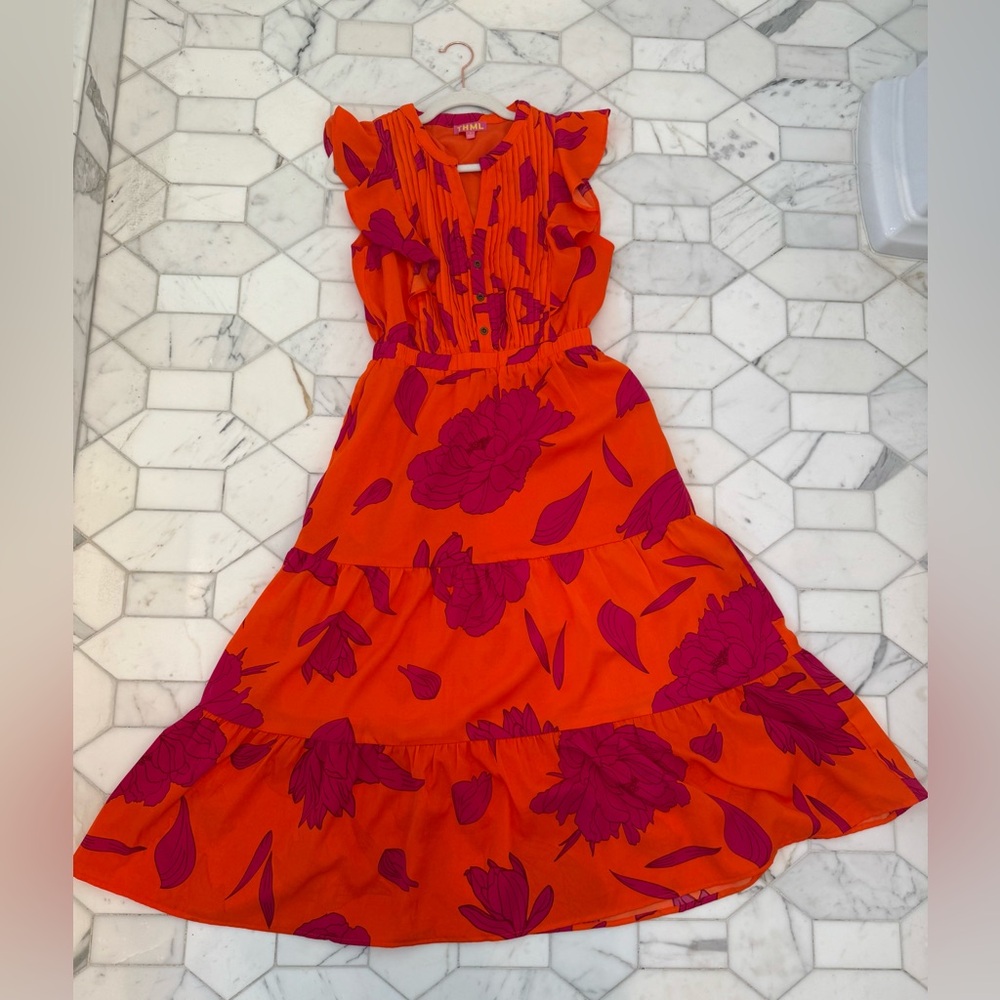THML Kaleen Floral Midi Dress Orange and Pink Dress